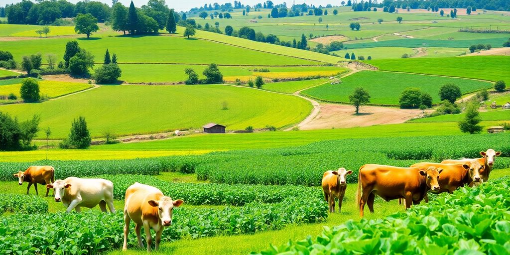 Peisaj agricol ecologic cu câmpuri verzi și culturi organice.