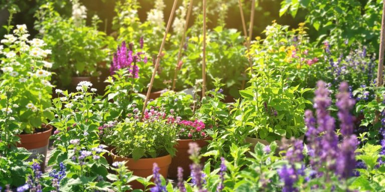 Grădină cu plante medicinale, mint, mușețel și lavandă.