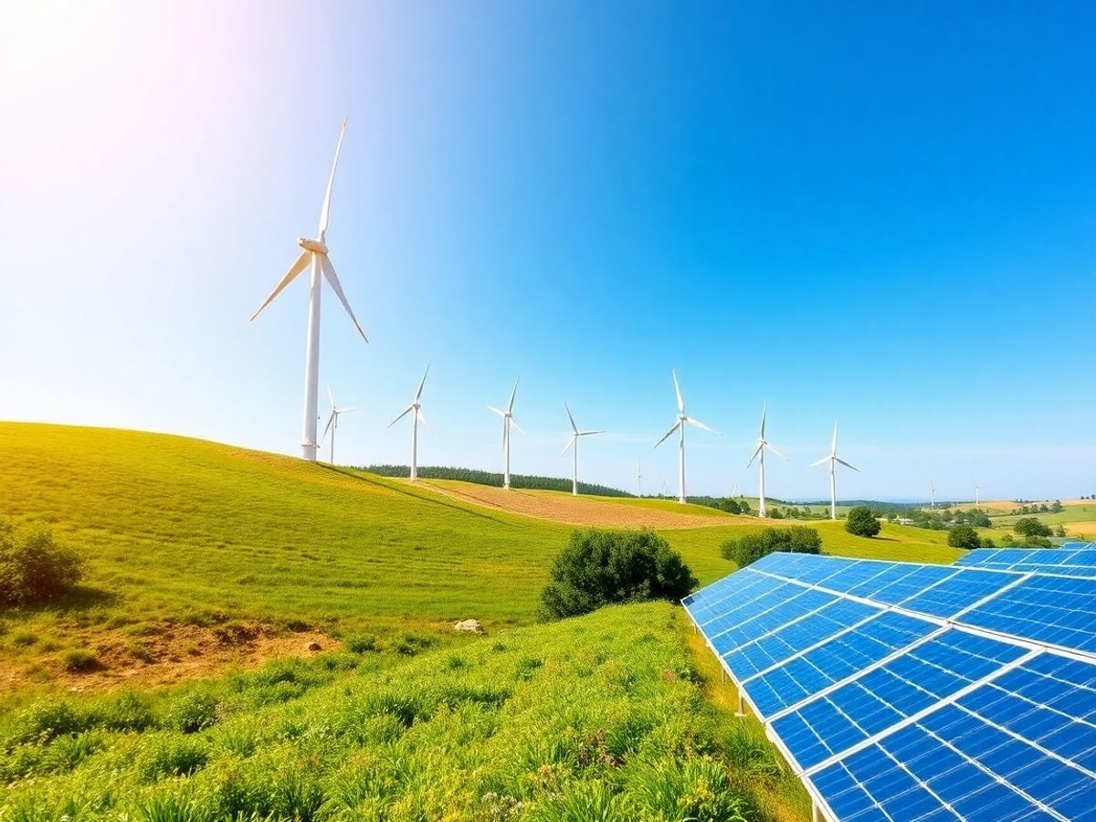 Peisaj cu turbine eoliene și panouri solare în România.