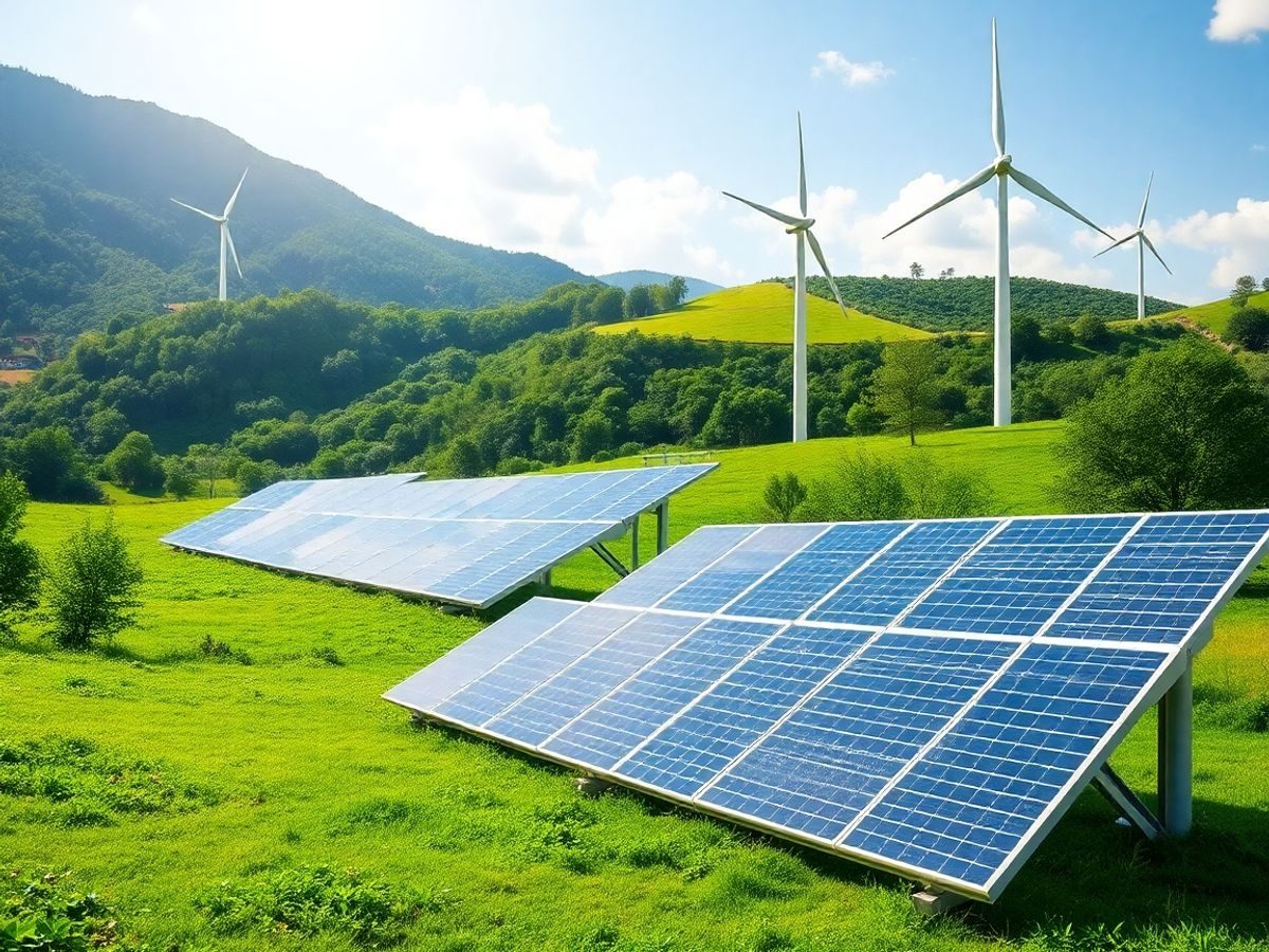 Peisaj verde cu panouri solare și turbine eoliene.