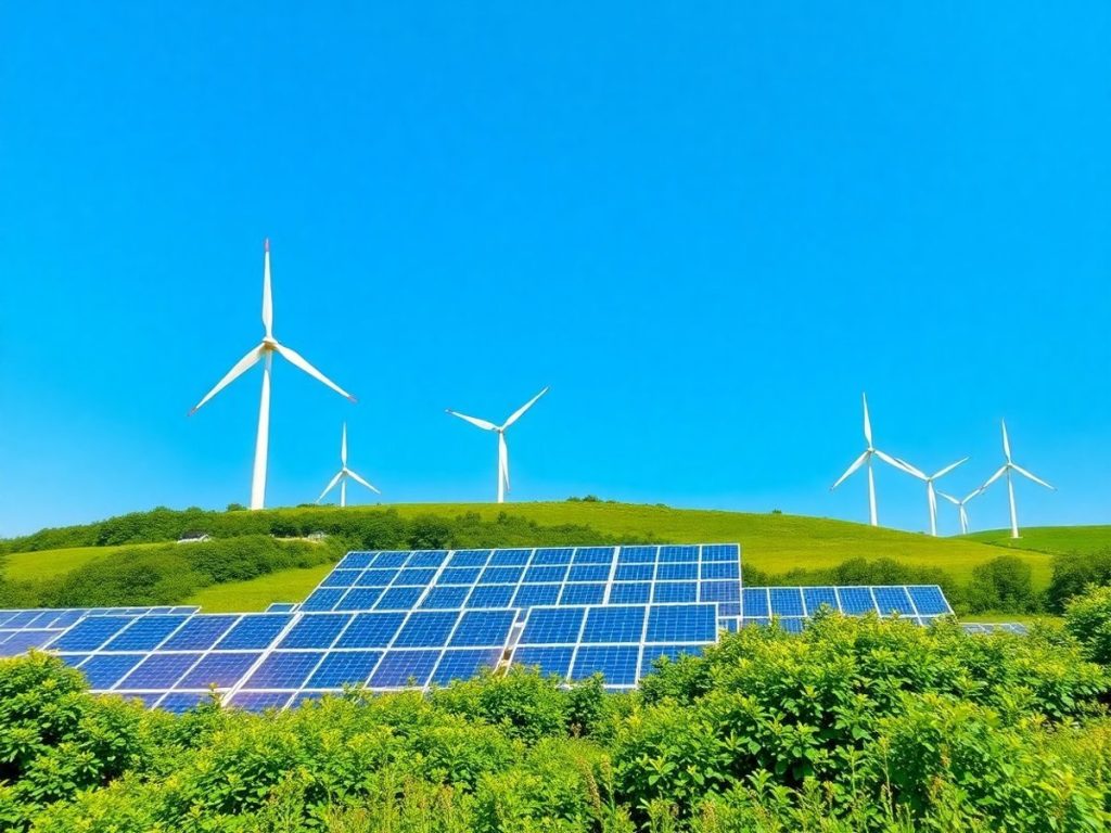 Peisaj cu turbine eoliene și panouri solare în România.