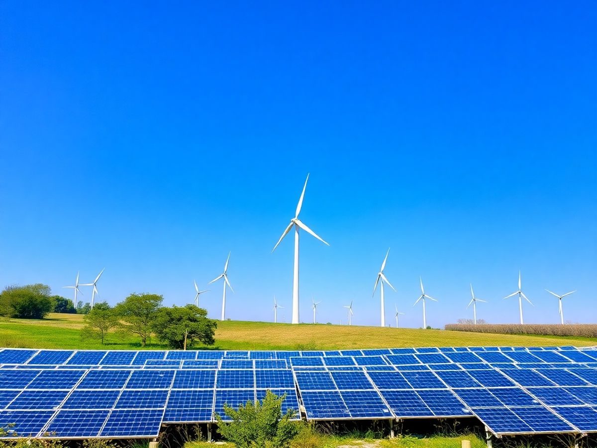 Peisaj cu turbine eoliene și panouri solare în România.