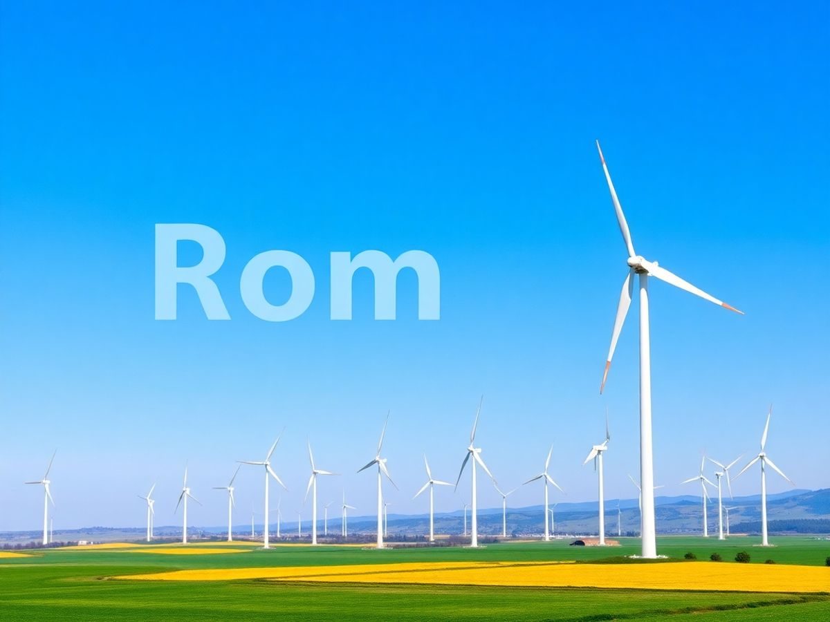Turbine eoliene în peisaj românesc verde și senin.