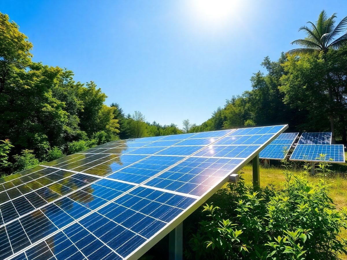 Panouri solare pe câmp, soare strălucitor, peisaj verde.