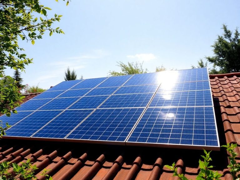 Panouri solare pe acoperiș, cer senin, copaci verzi.
