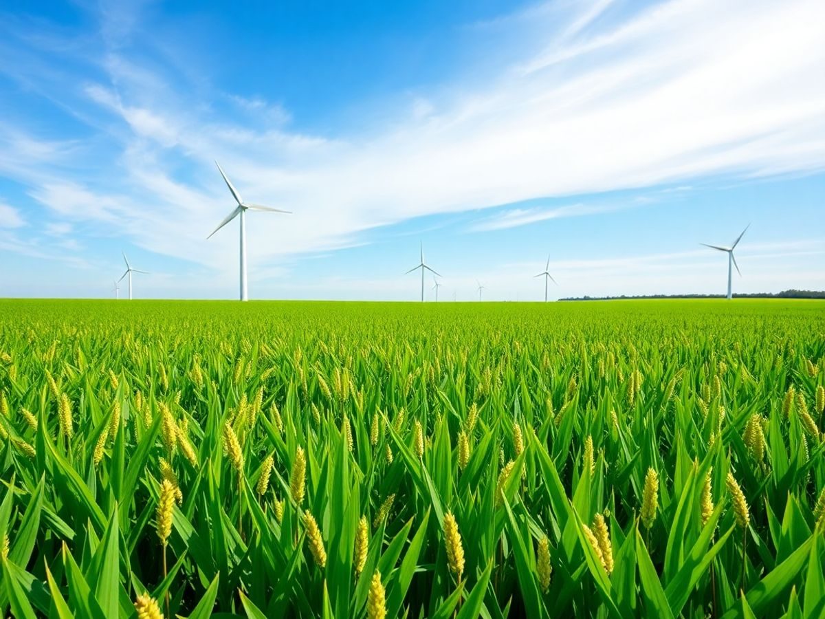 Câmp verde cu culturi de biomasă și turbine eoliene.