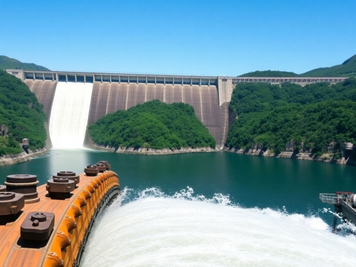 Baraj impunător, apă, turbină, munți verzi