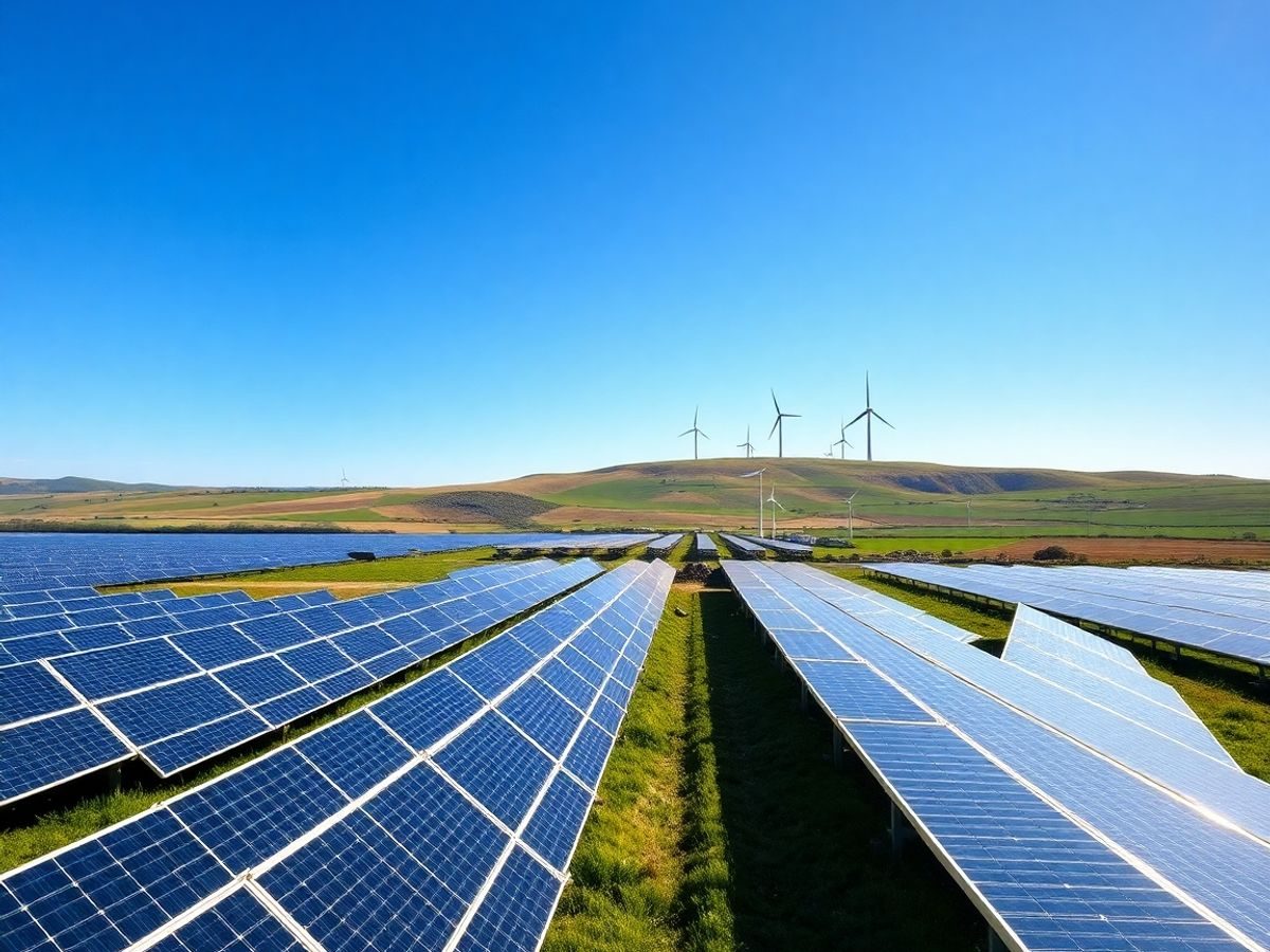 Panouri solare și turbine eoliene pe un deal însorit.