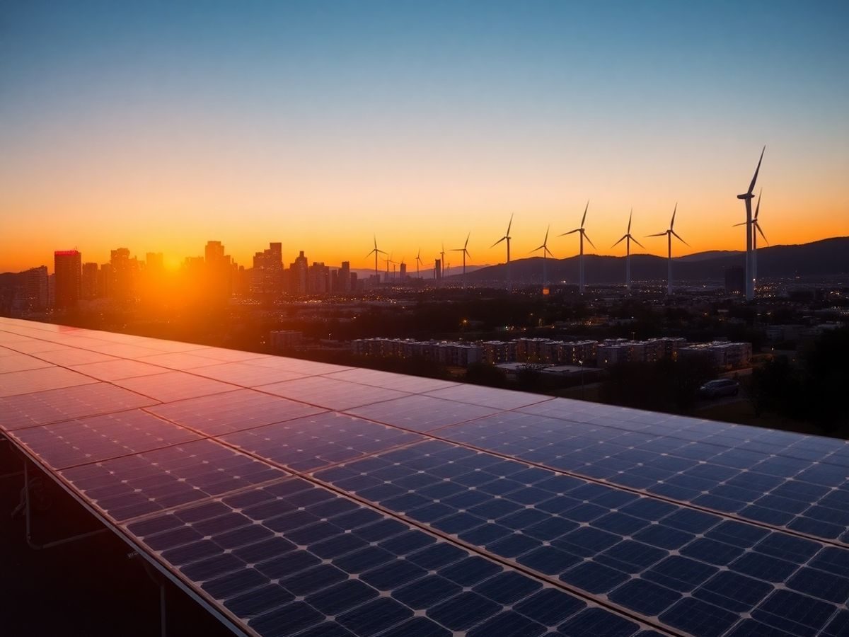 Panouri solare, turbine eoliene și clădiri moderne iluminate eficient.