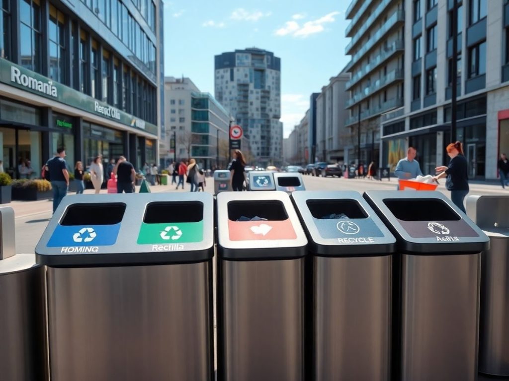 Oraș modern, containere de reciclare, oameni reciclând