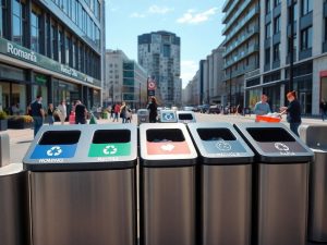 Oraș modern, containere de reciclare, oameni reciclând
