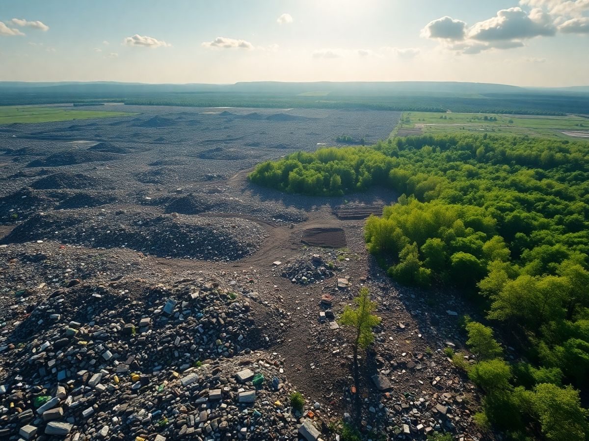Munți de deșeuri lângă o pădure verde.