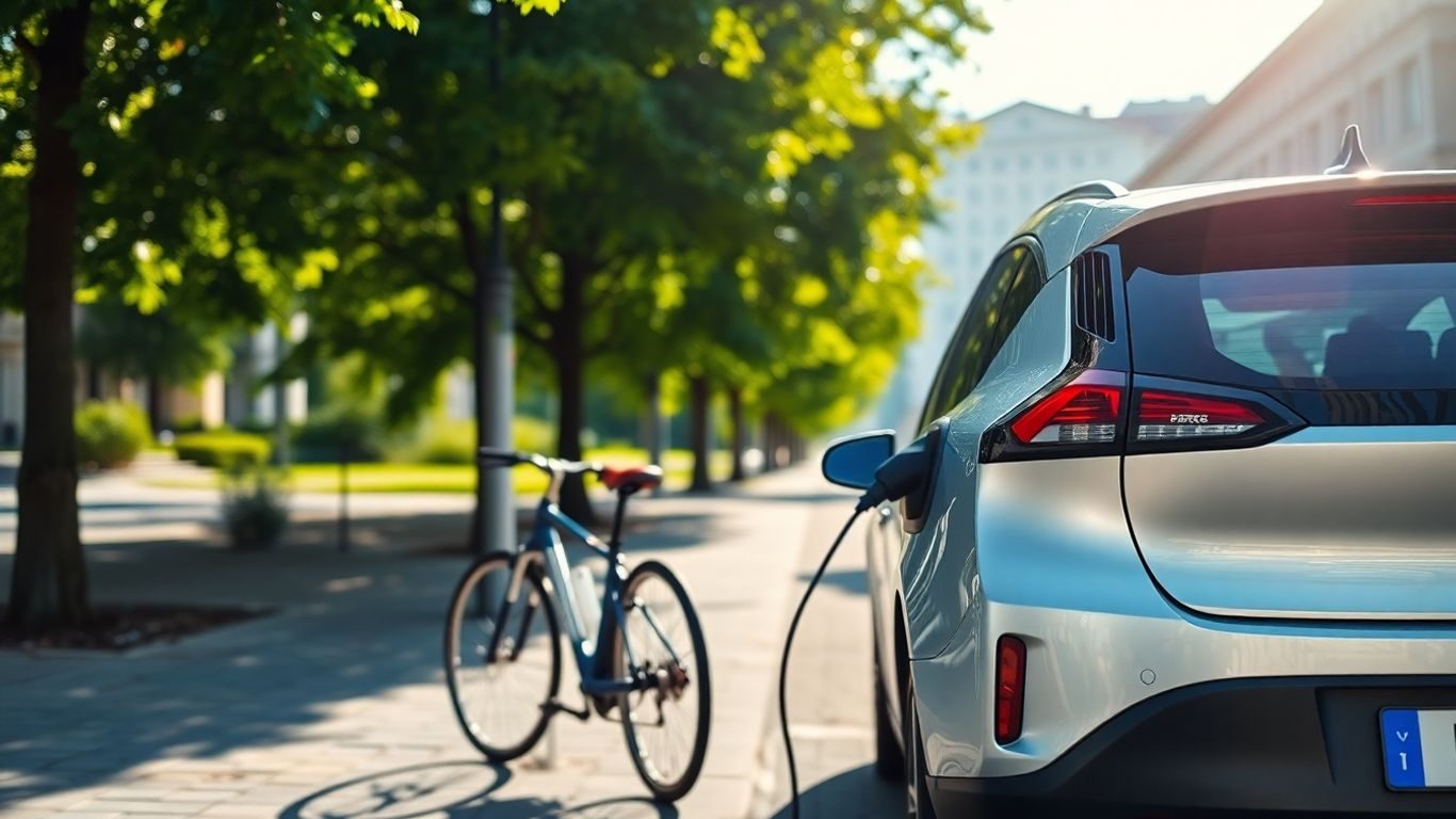 Mașină electrică și bicicletă pe o stradă verde din România.