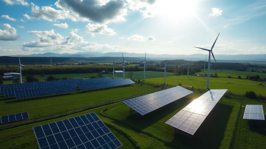 Panouri solare și turbine eoliene într-un peisaj rural verde