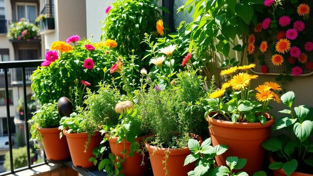 Grădină urbană ecologică pe un balcon plin de verdeață.