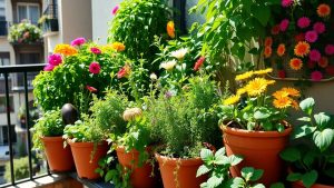 Grădină urbană ecologică pe un balcon plin de verdeață.