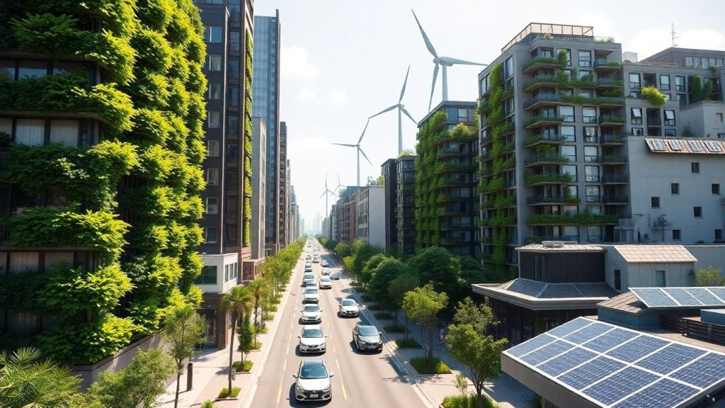 Oraș verde futurist cu turbine eoliene și panouri solare.